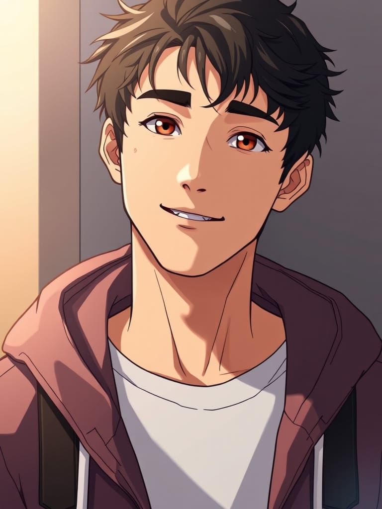 Charming Young Man in Anime Style, Warm Tones