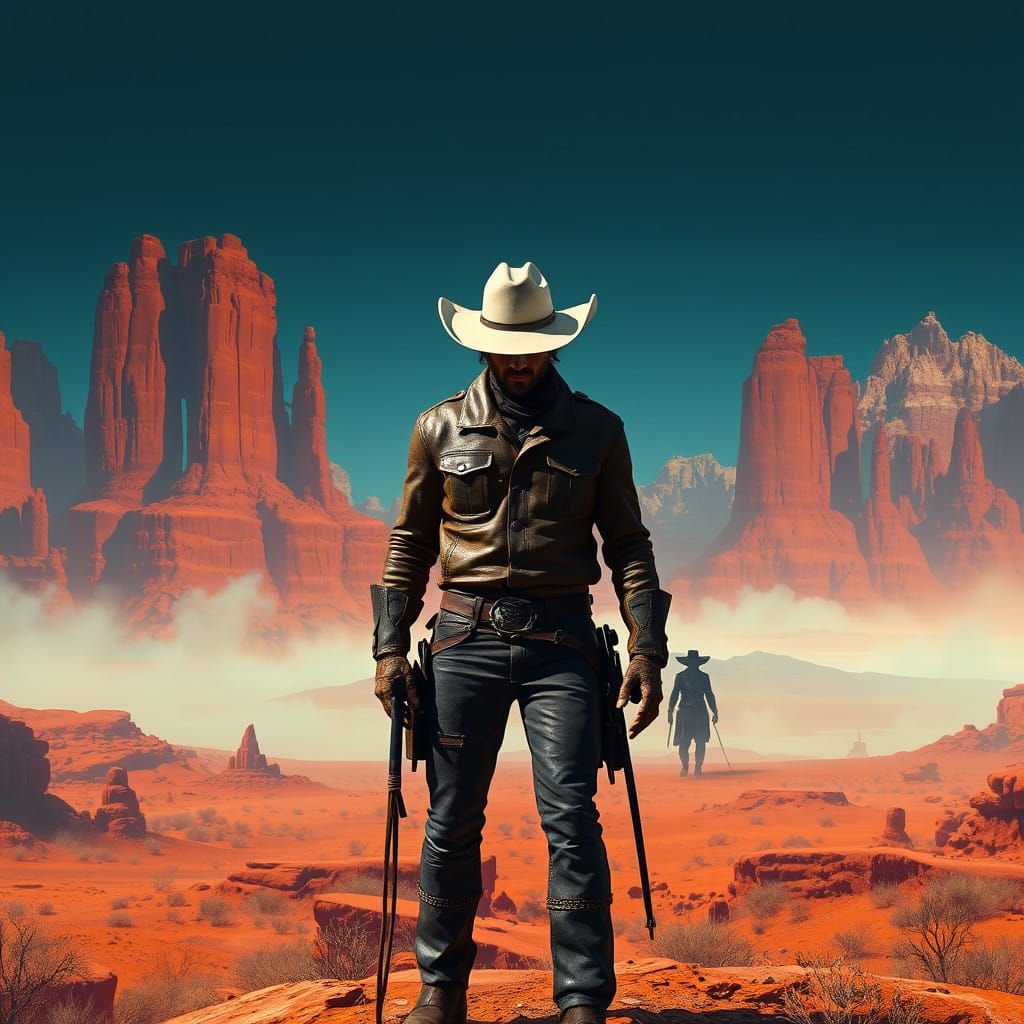 Cowboy Showdown in a Surreal Landscape