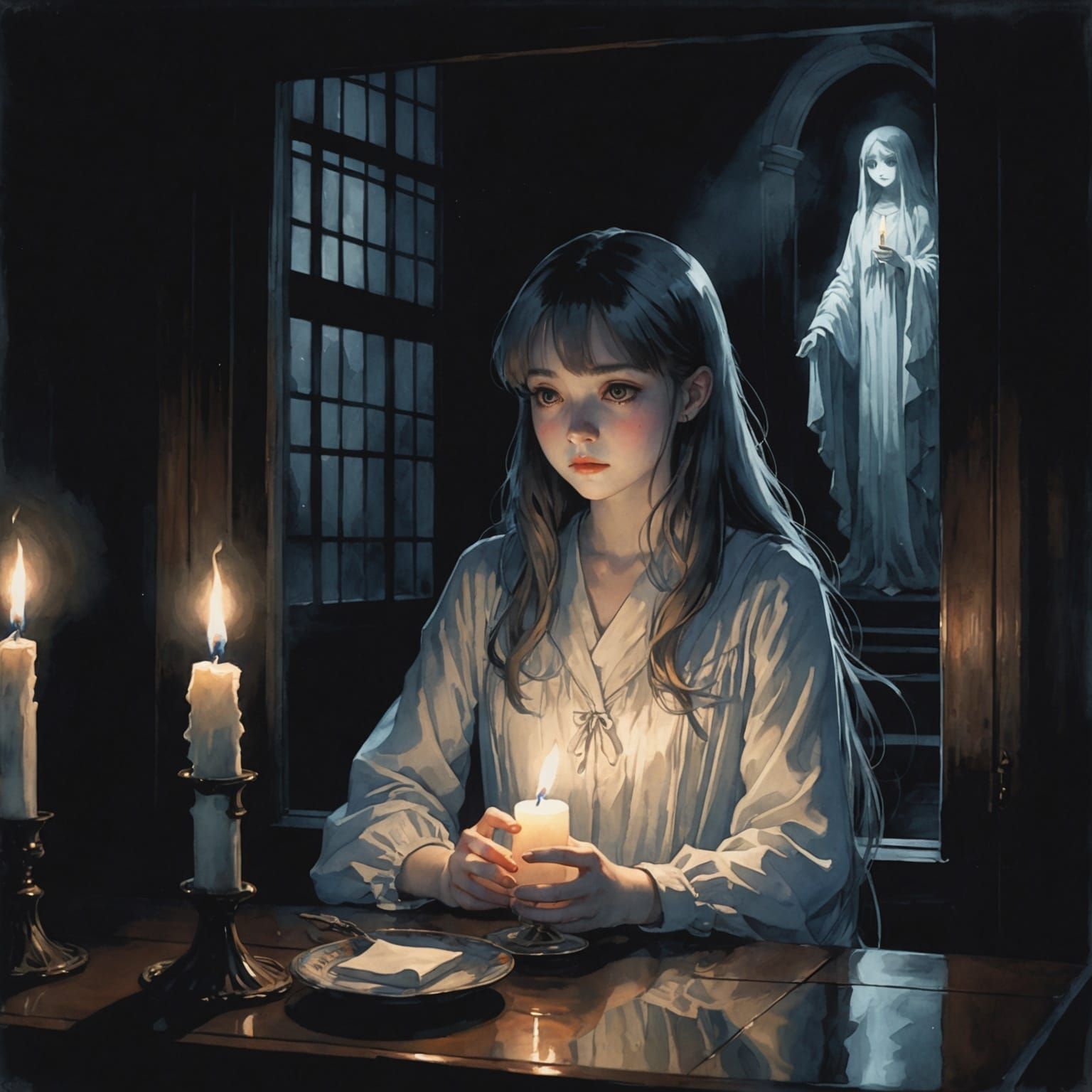 Ghostly Girl with Candle in Anime Watercolor