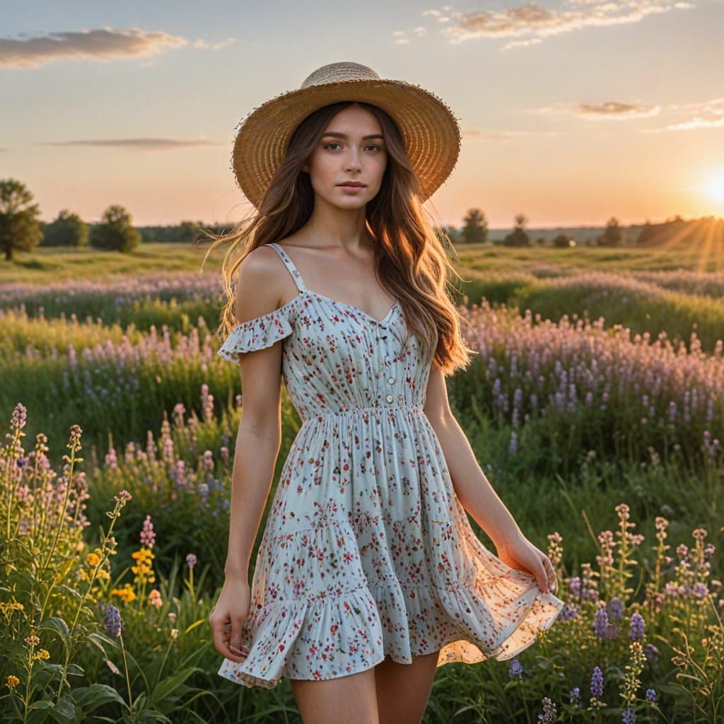 Woman in Wildflower Field at Sunset, Photorealistic Painting