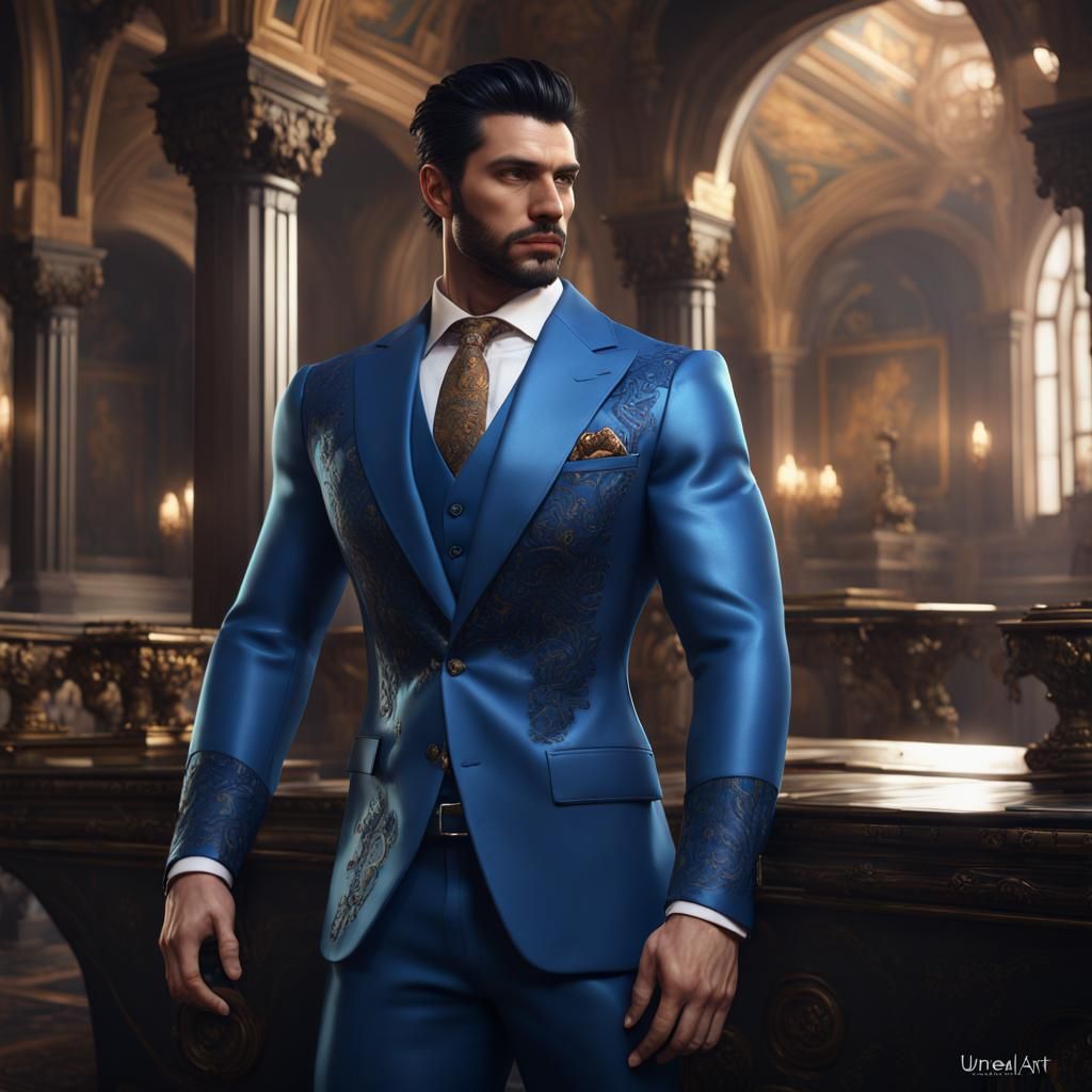 Italian Man in Blue Suit: Detailed Fantasy Art
