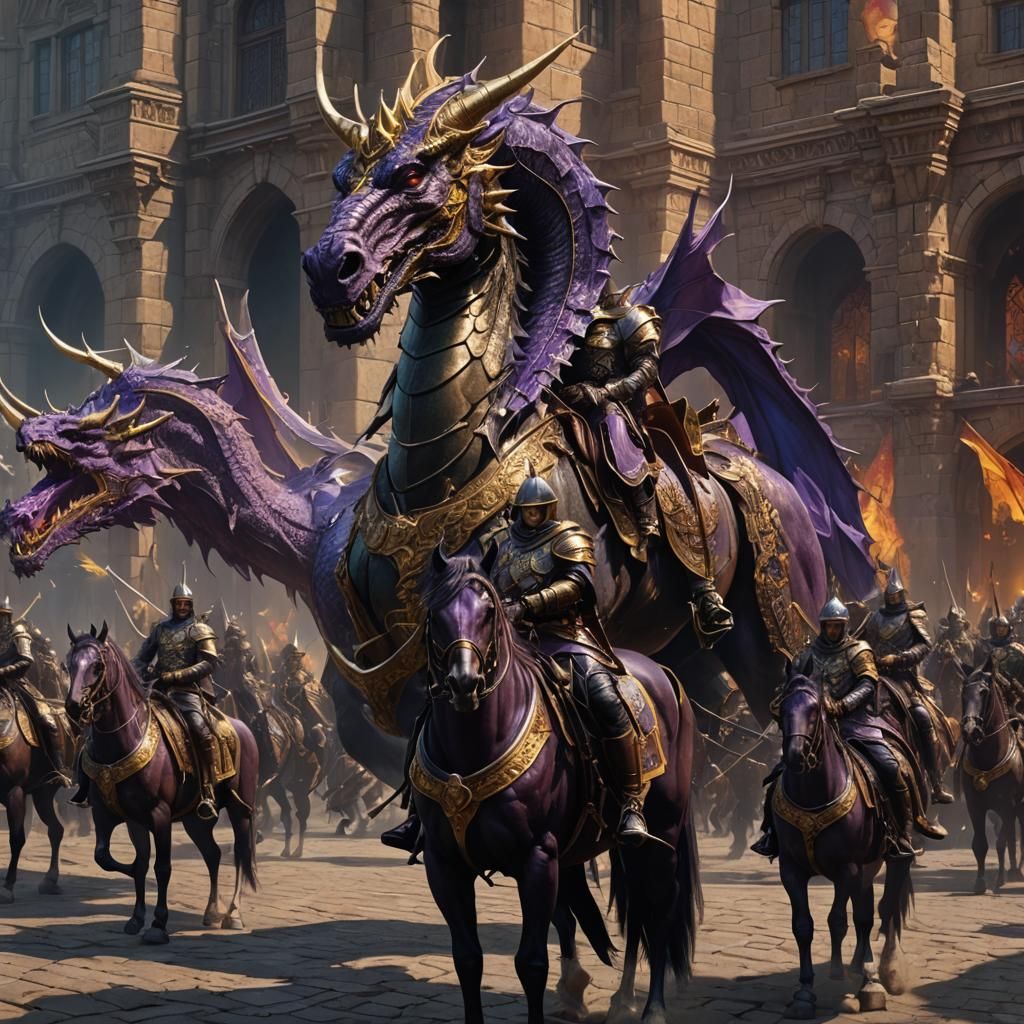 Hussar Cavalry vs Dragon in Dark Fantasy Style