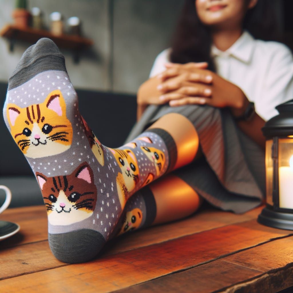 Woman Relaxing with Kitten Socks on Coffee Table