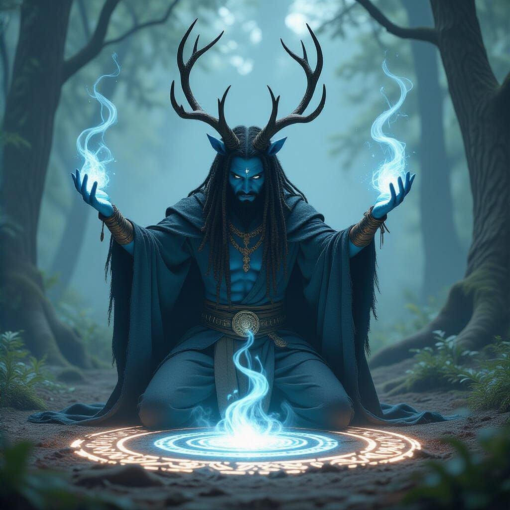 Blue Firbolg Druid Summons Ethereal Spirits in Forest