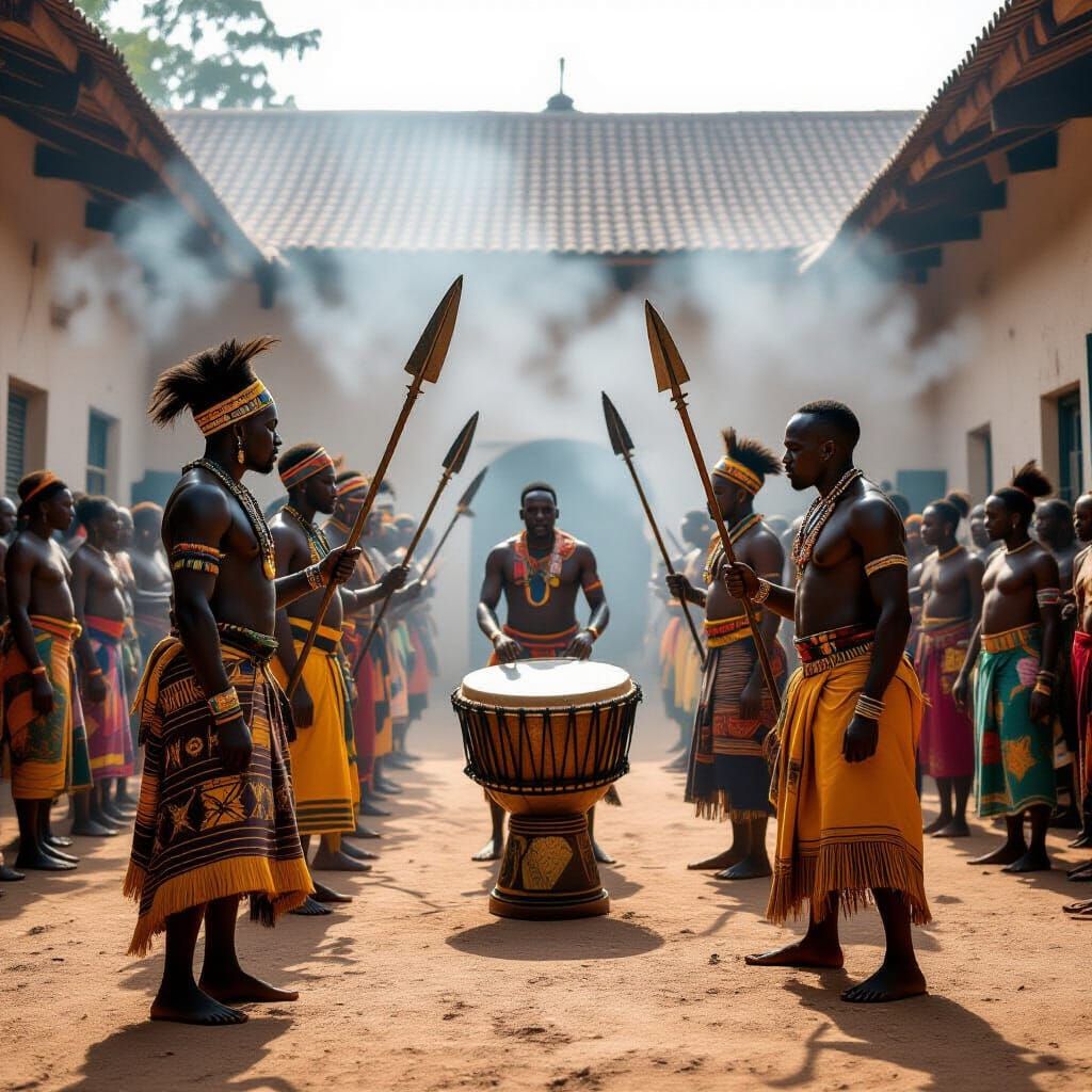 Mourning Warriors in African Royal Courtyard: Digital Art