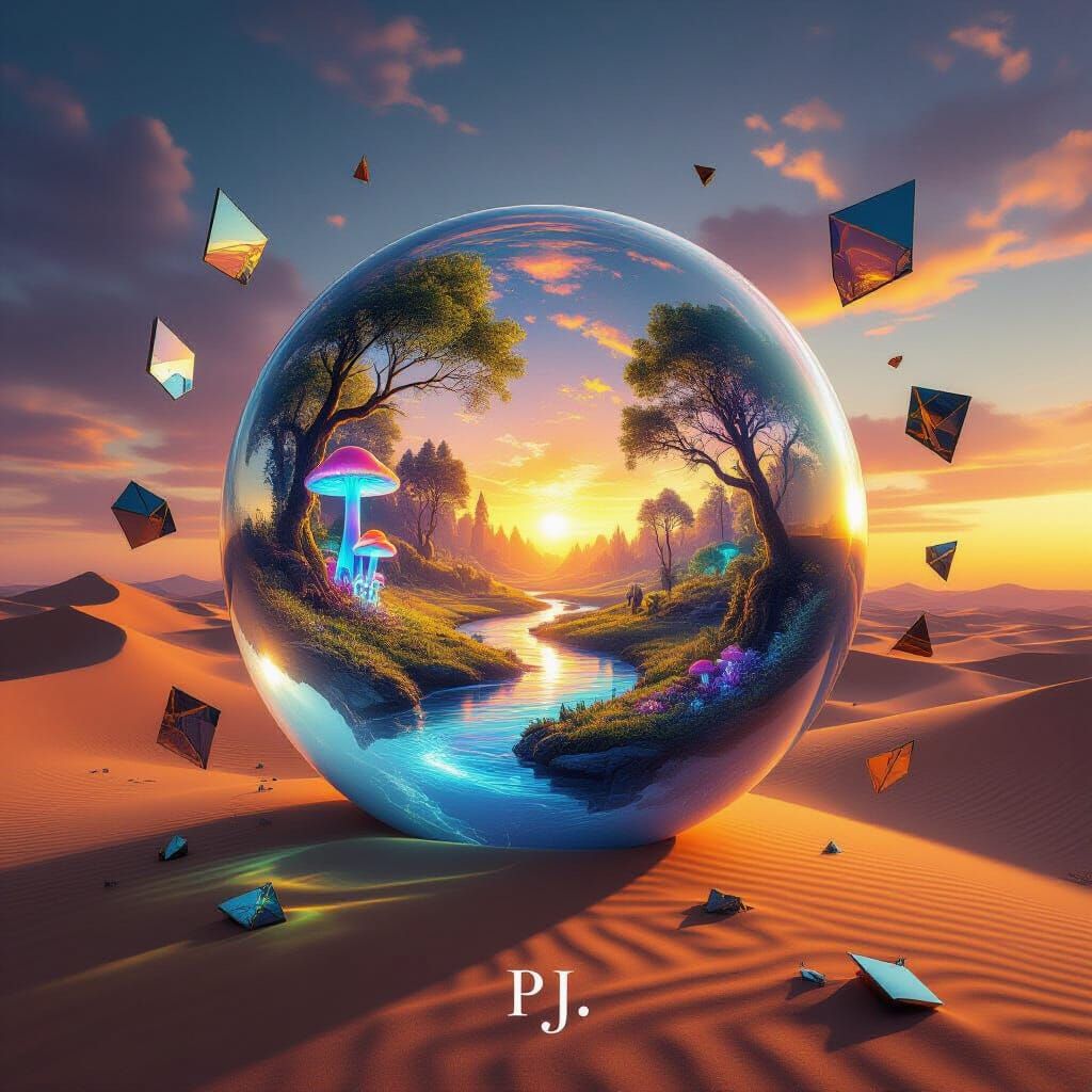 Surreal Glass Sphere Forest Over Desert Sunset