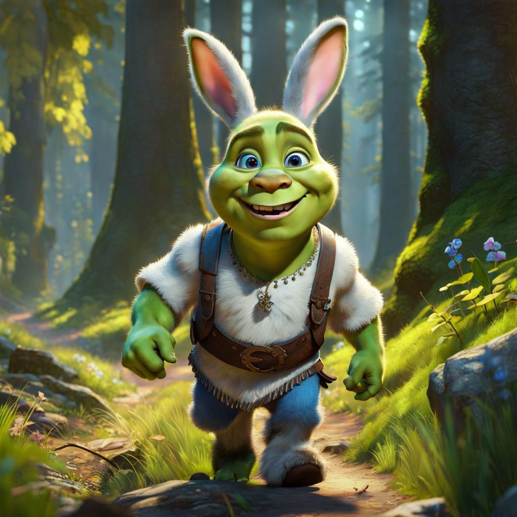 Adorable Shrek Bunny in Detailed Forest Painting