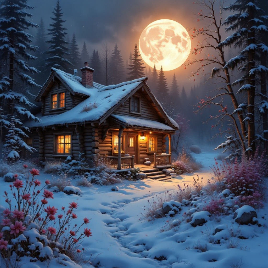 Moonlit Log Cabin in Winter Snowscape