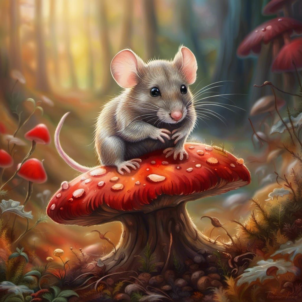Mouse and Mushroom in Hyperrealistic Autumnal Forest