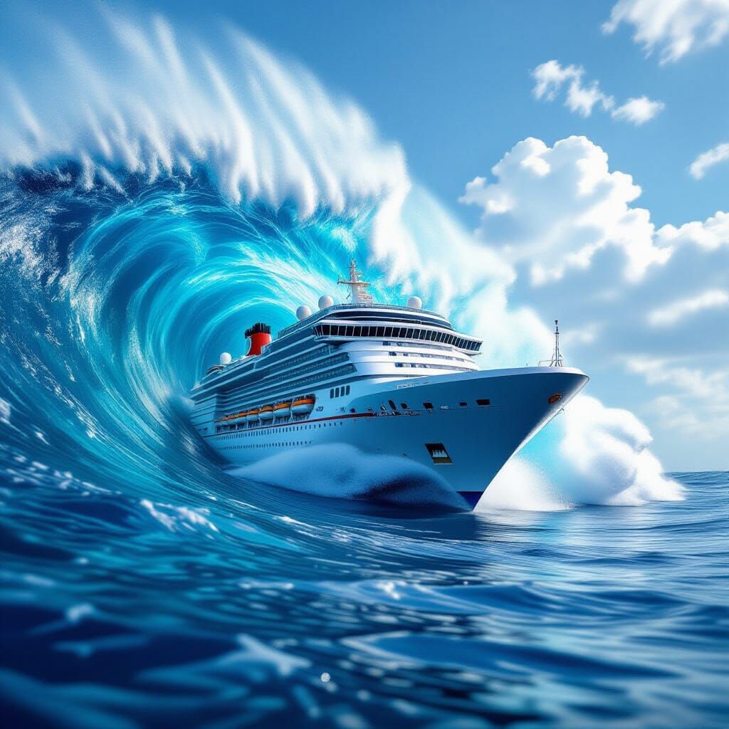 Cruise Ship Surfs Giant Wave in Photorealistic Detail