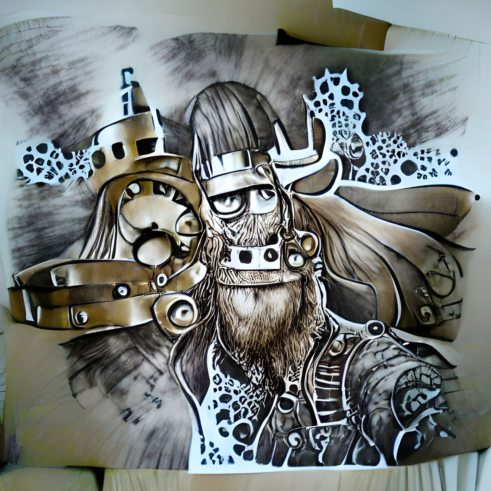 Steampunk Viking King Ink Drawing