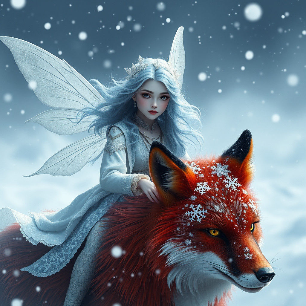 Fairy Rides Fox Through Blizzard: Digital Art