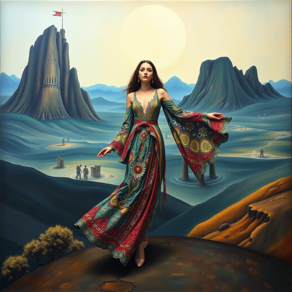 Heroic Woman in Surreal, Dreamlike Landscape, Inspired by Da...