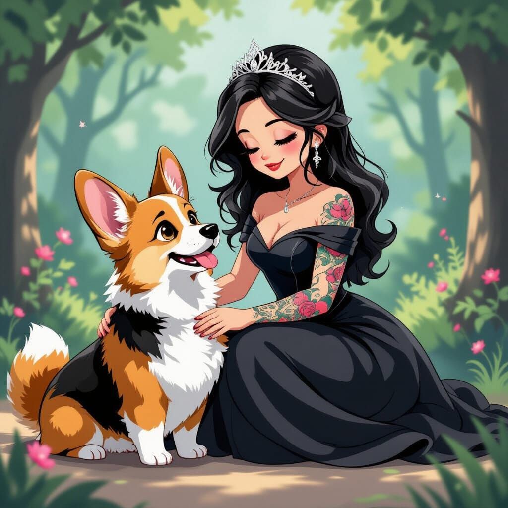 Corgi and Anime Princess in Dark Whimsical Style
