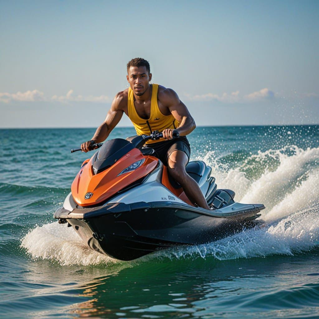 Hip Hop Athlete Rides Jet Ski in Vibrant Ocean Scene