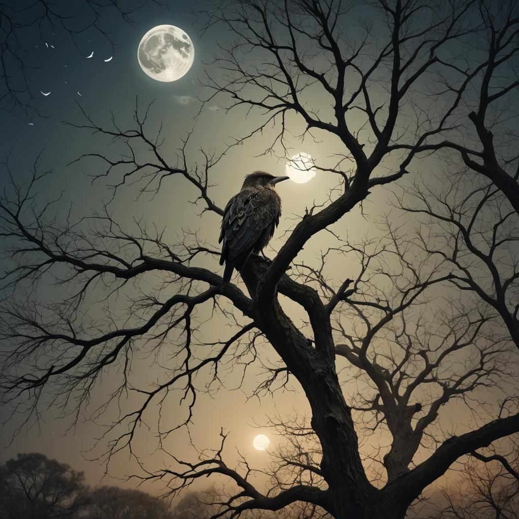 Tree and Bird Under Moonlight in Cinematic Style