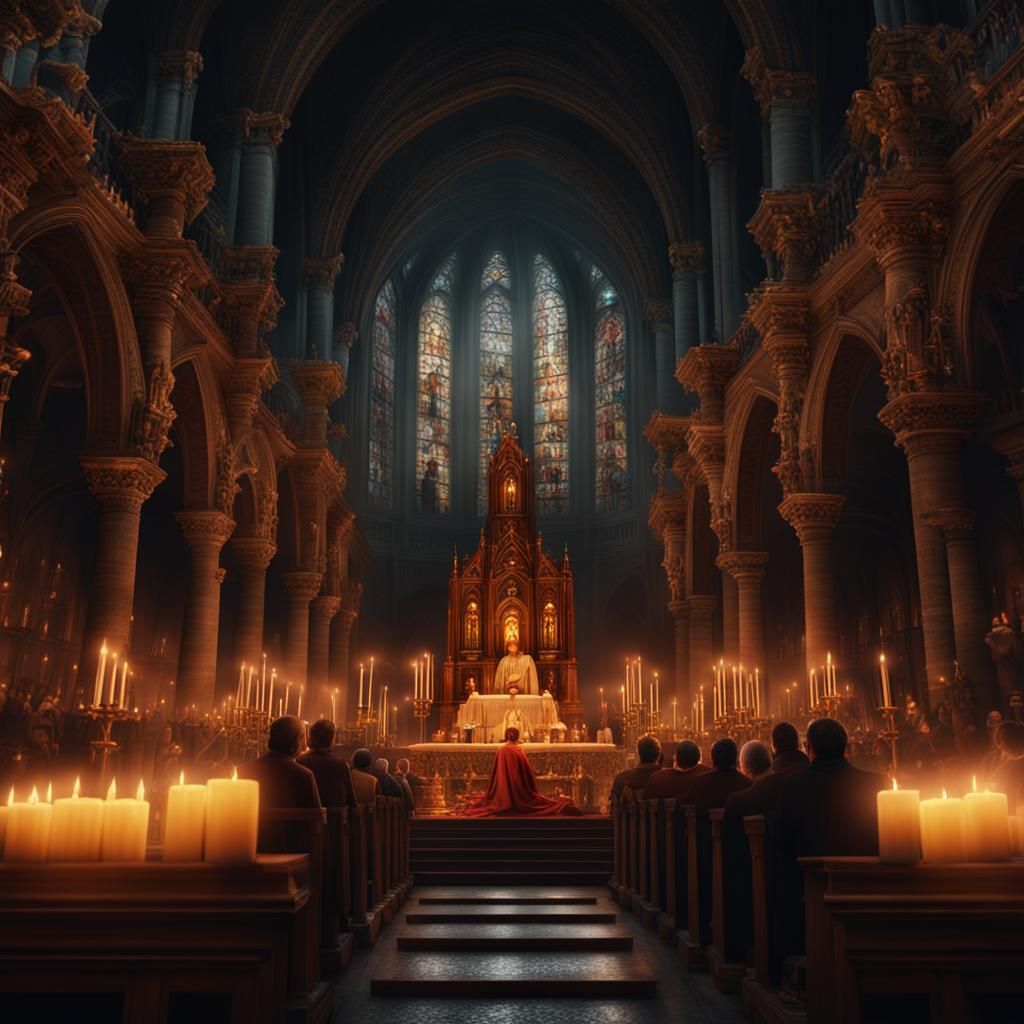Candlelit Sunday Night Mass: Dramatic Digital Painting