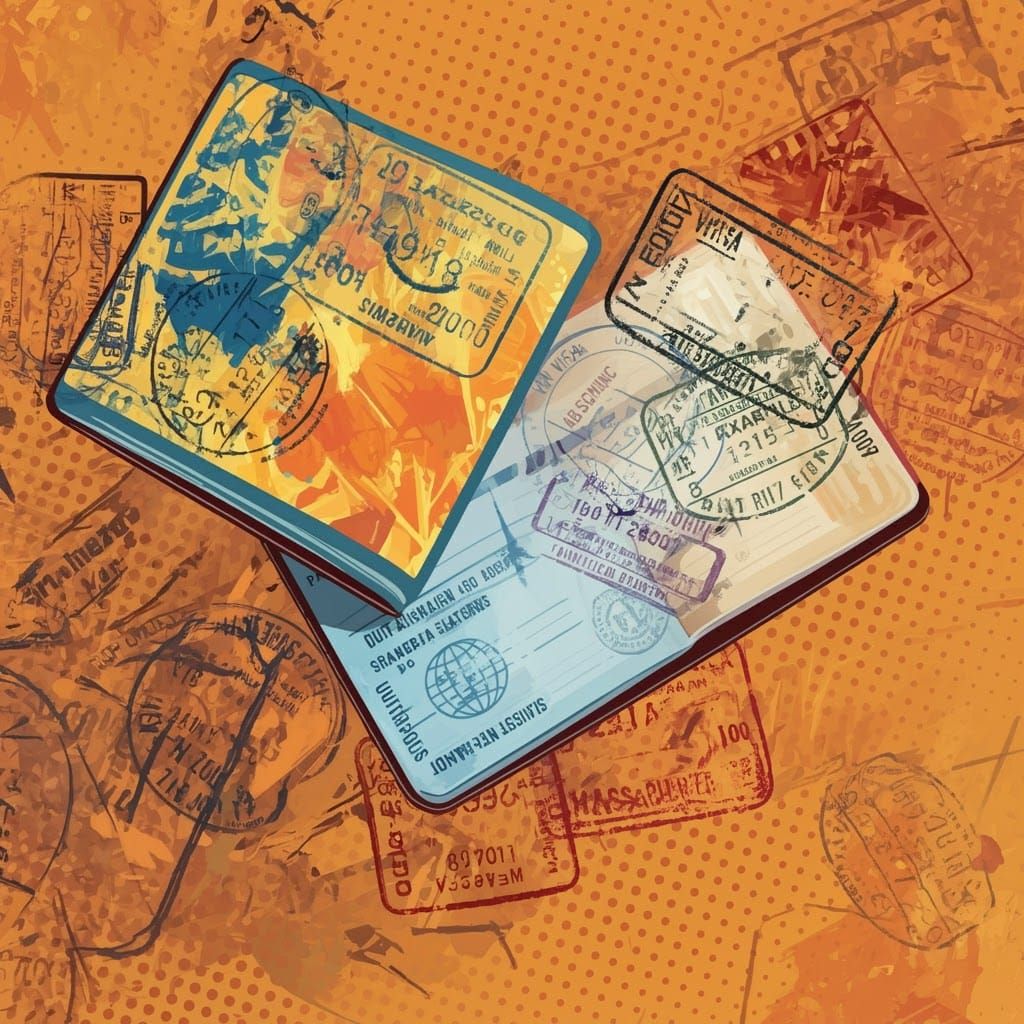 Vibrant Comic Book Style Passport with Visa Stamps