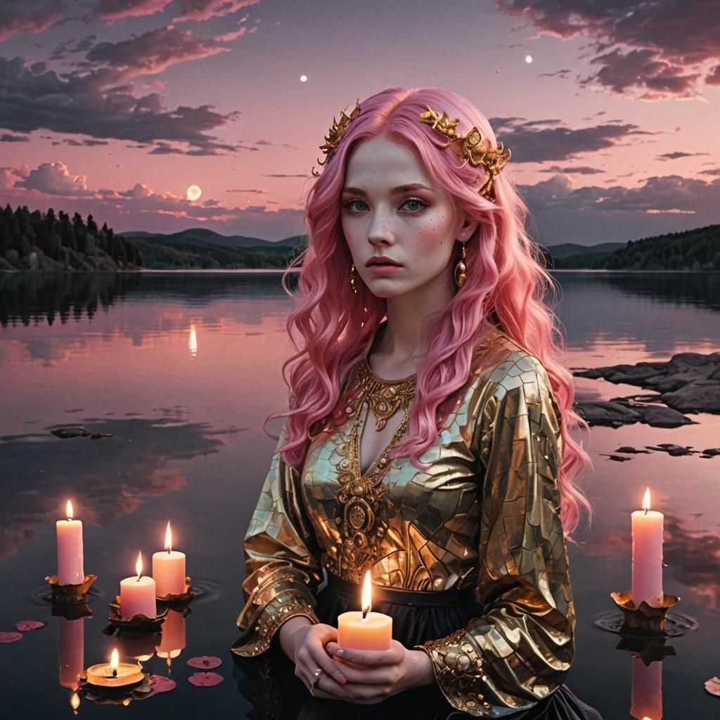 Surreal Golden Mermaid with Pink Hair in Lake