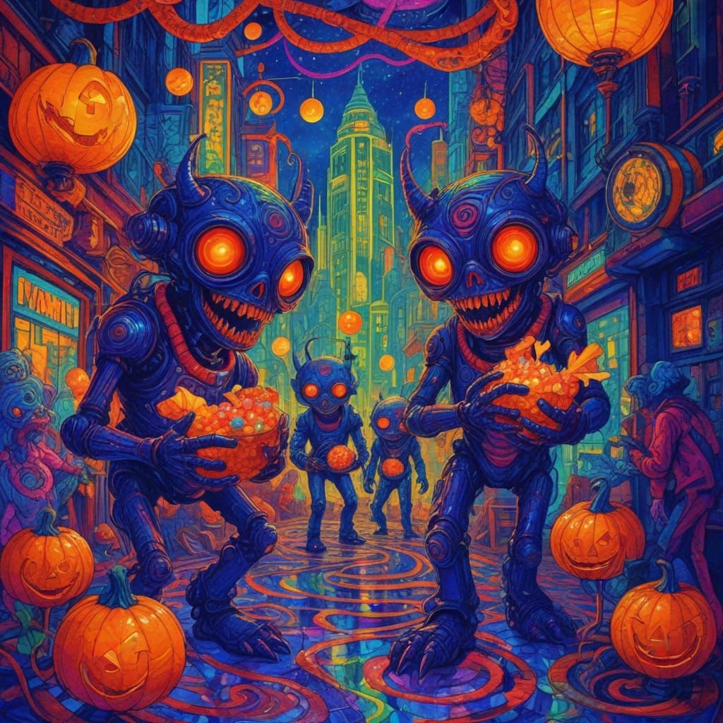 Monster Cyborgs Trick-or-Treating in Neon Halloween City
