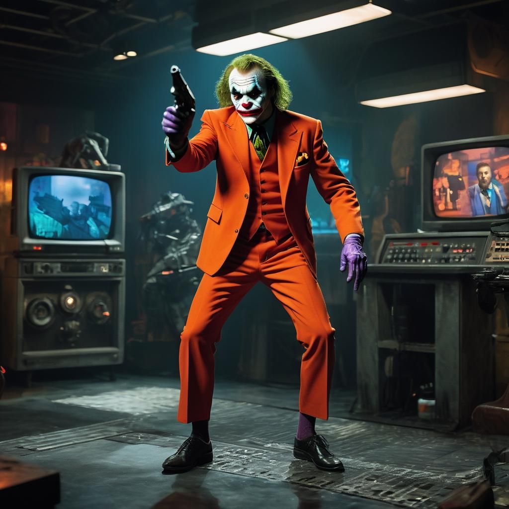 Joker Points Gun at Alf in Colorful TV Studio