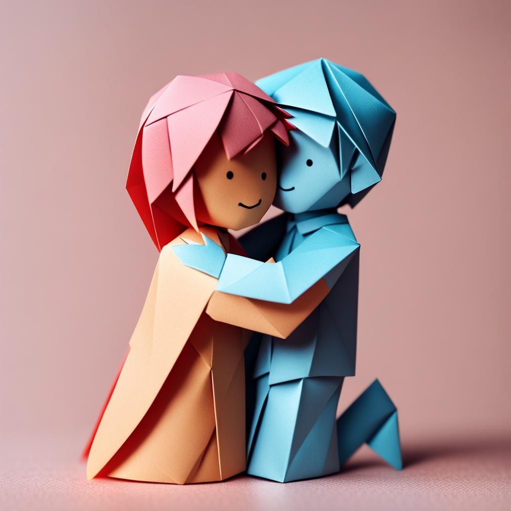 Girl and Boy Hugging in Origami Style