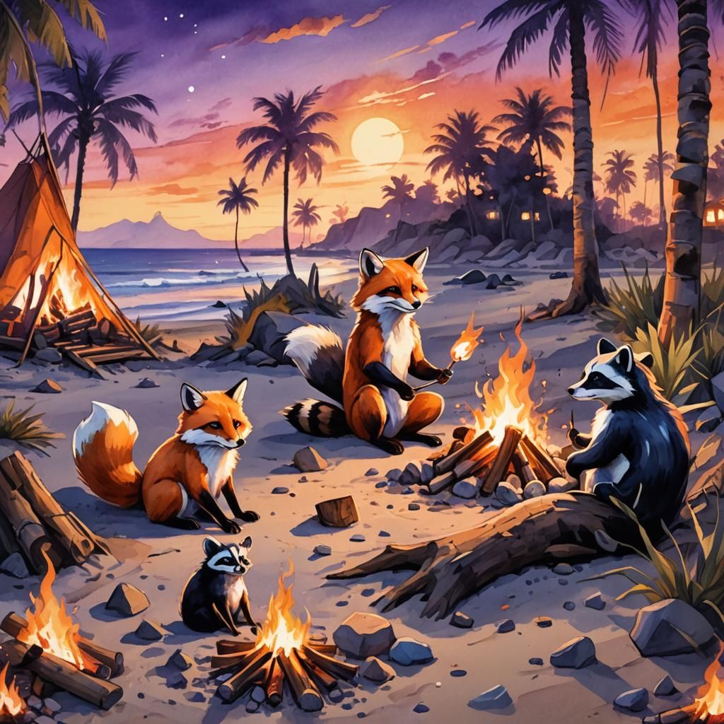Fantasy Wildlife Campfire Scene as Watercolor Painting