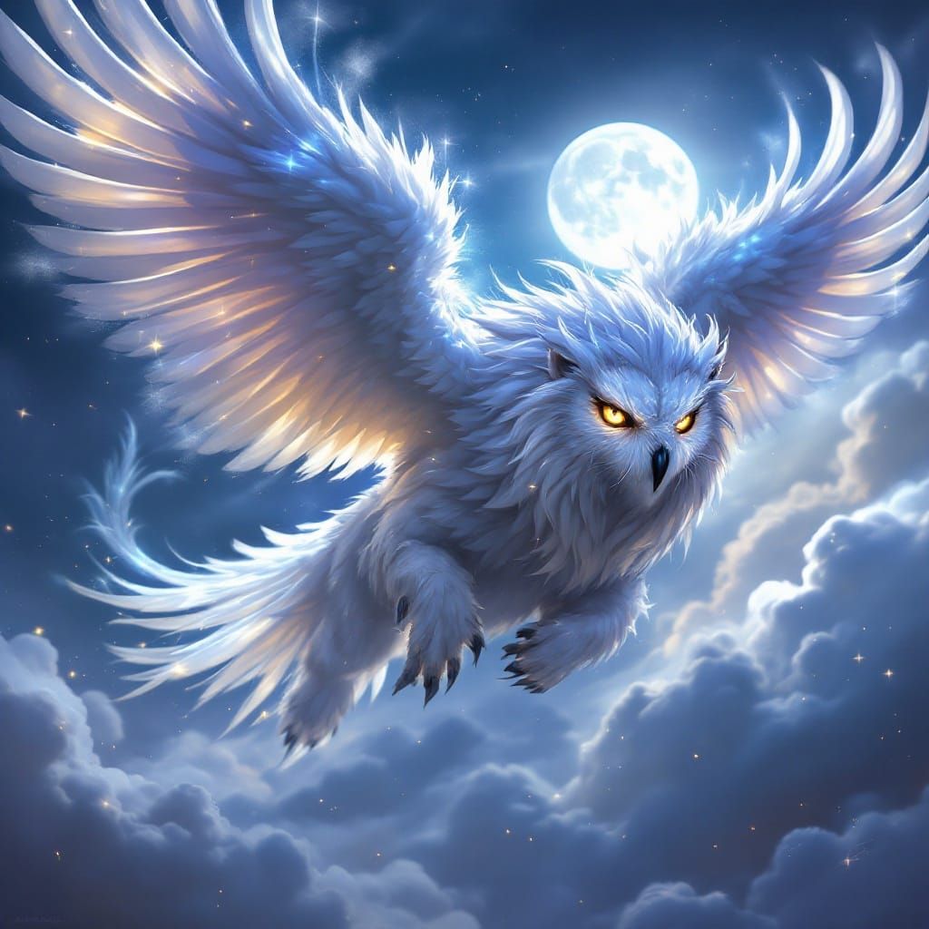 Ethereal Griffowlin Soars Through Twilight Skies in Majestic...
