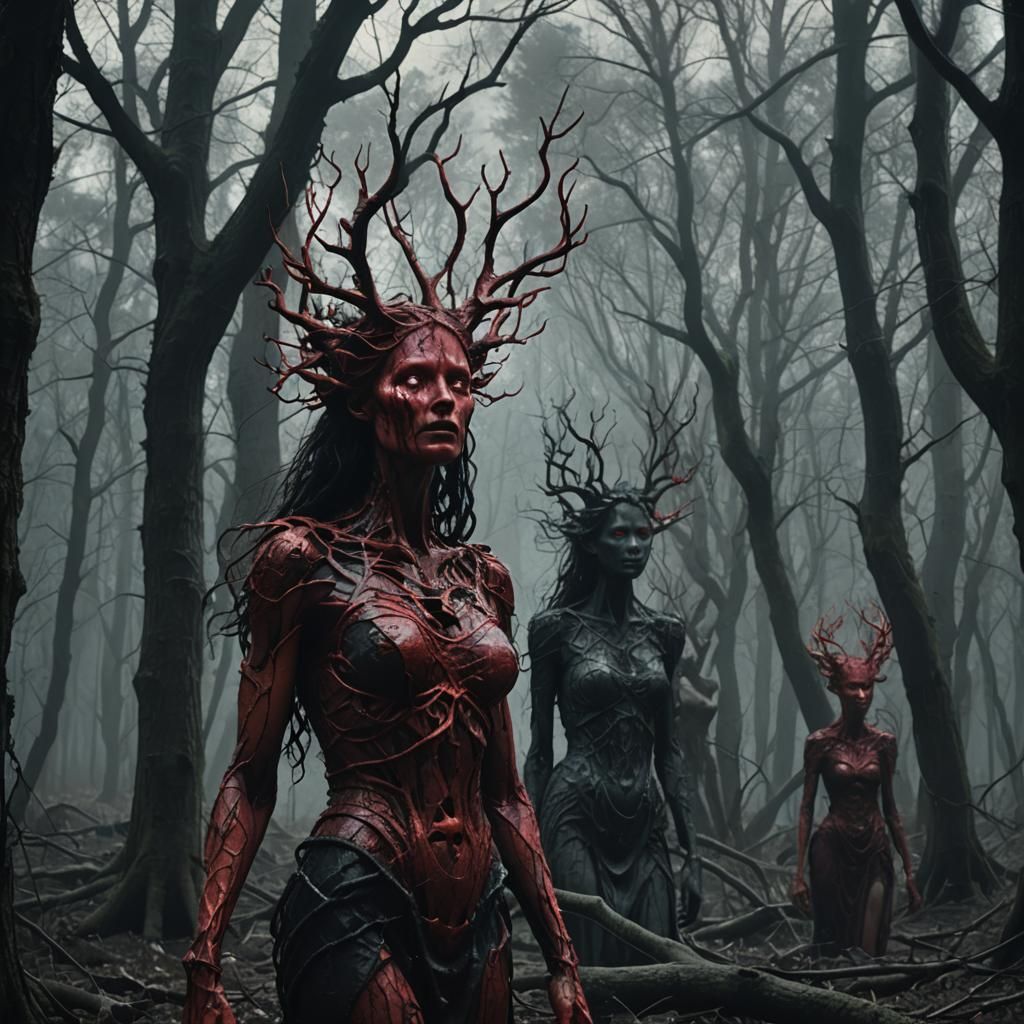 Surreal Siren Figure in Dark Forest, Cinematic Still