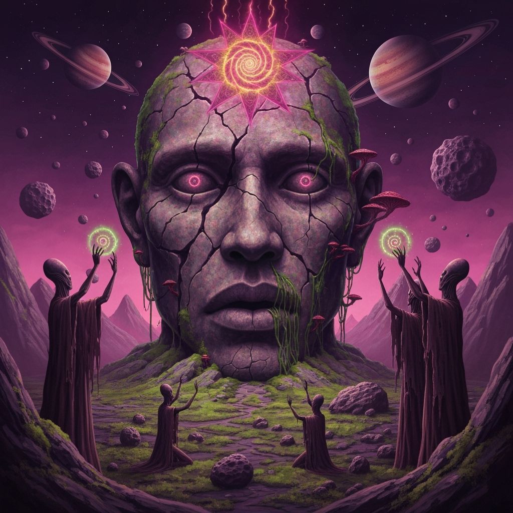 Colossal Stone Head Ritual in Beksiński Style