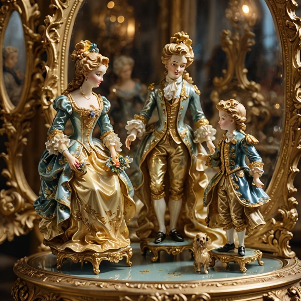 Rococo Figurines in Ornate Vitrine with Golden Light