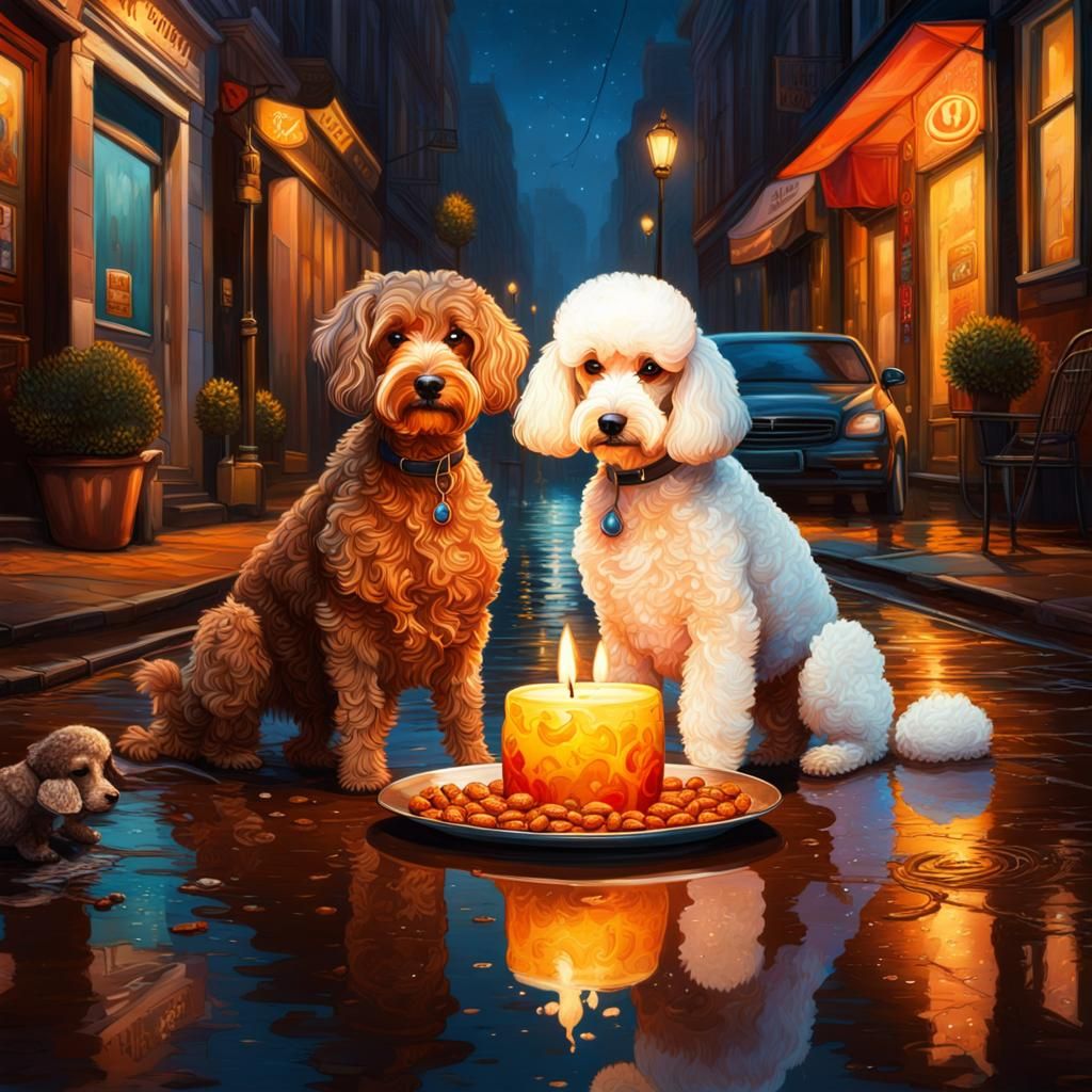 Dogs Enjoying a Candlelit Dinner: Hyperrealistic Splash Art