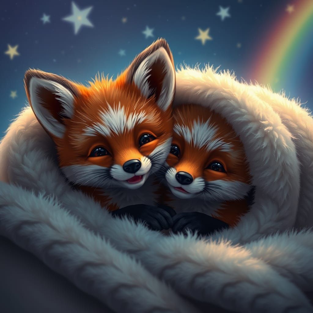 Cute Fox Cubs Snuggling Under Stars, Digital Art