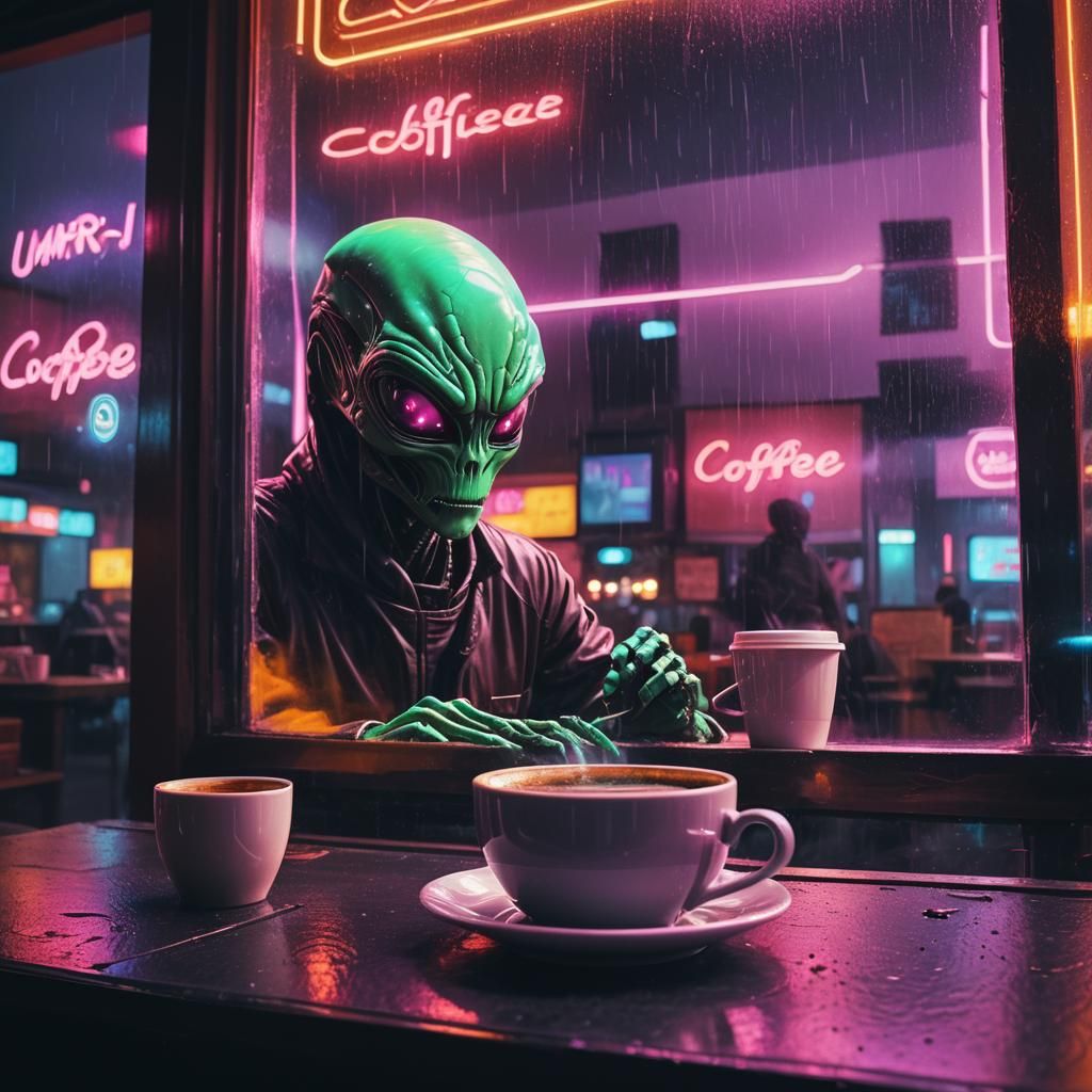 Synthwave Alien Peeking into a Neon Coffee Shop