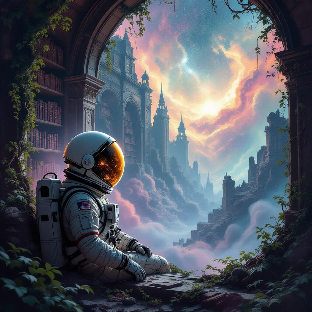 Astronaut Lost in Nebula, Reflecting Crumbling Library
