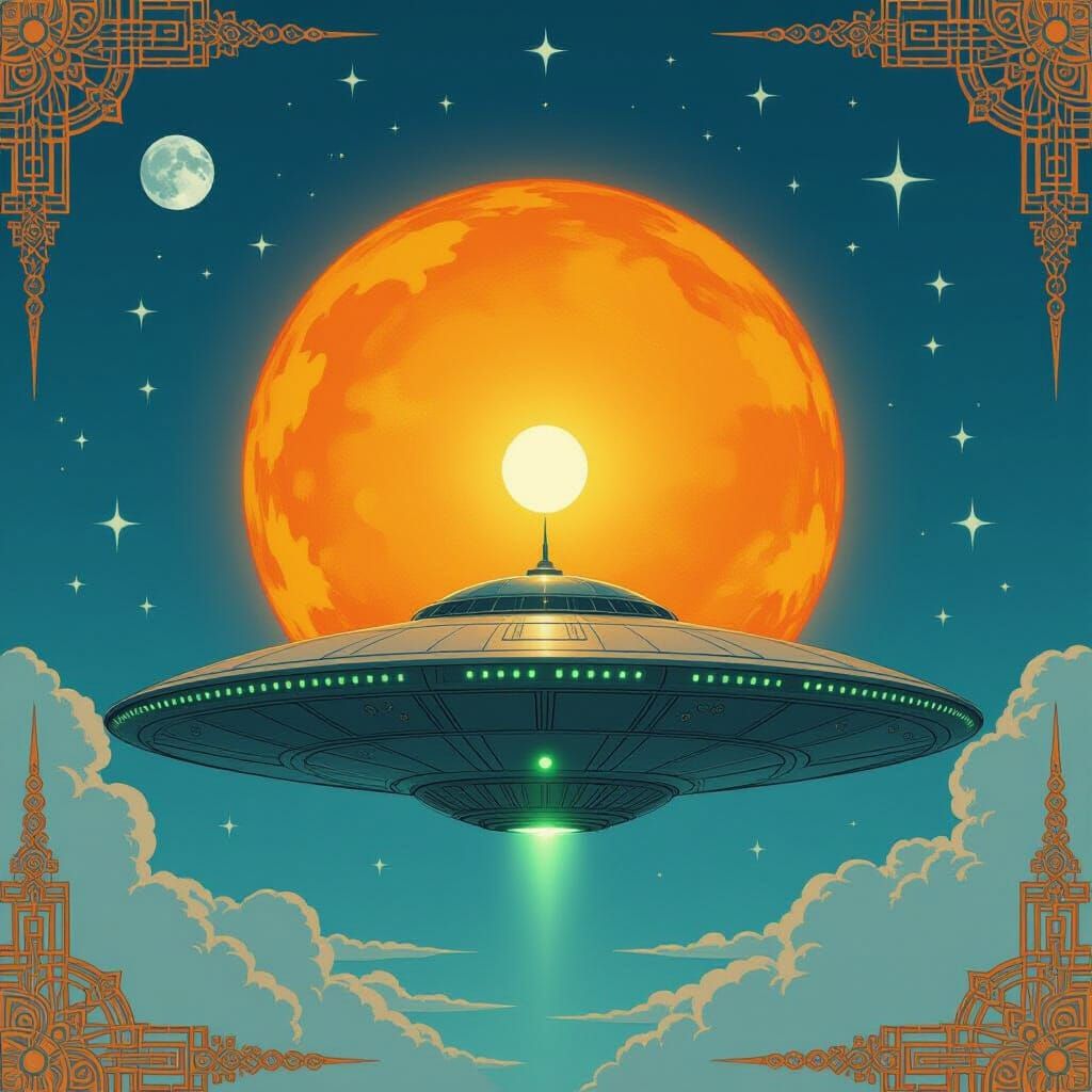 Art Deco Sun with Alien Aircraft in Cobalt Sky