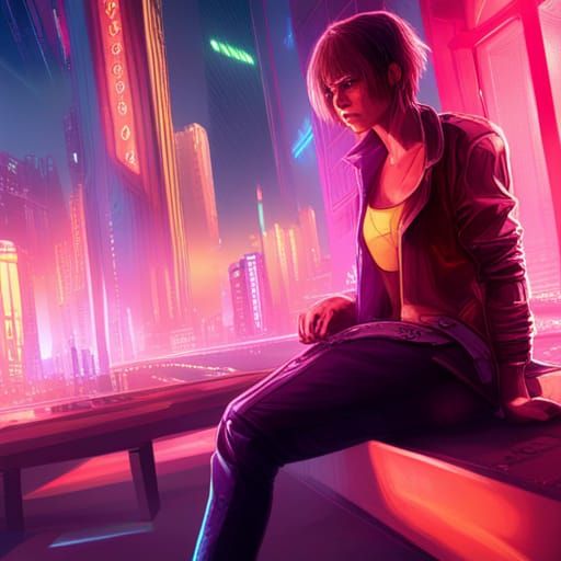 Cyberpunk Cityscape with Neon Lights in Rain