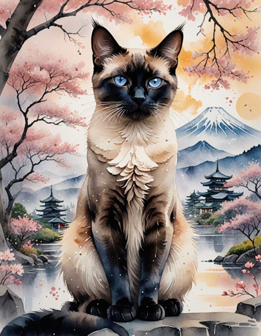 Siamese Cat with Japanese Landscape: Watercolor Splash Art