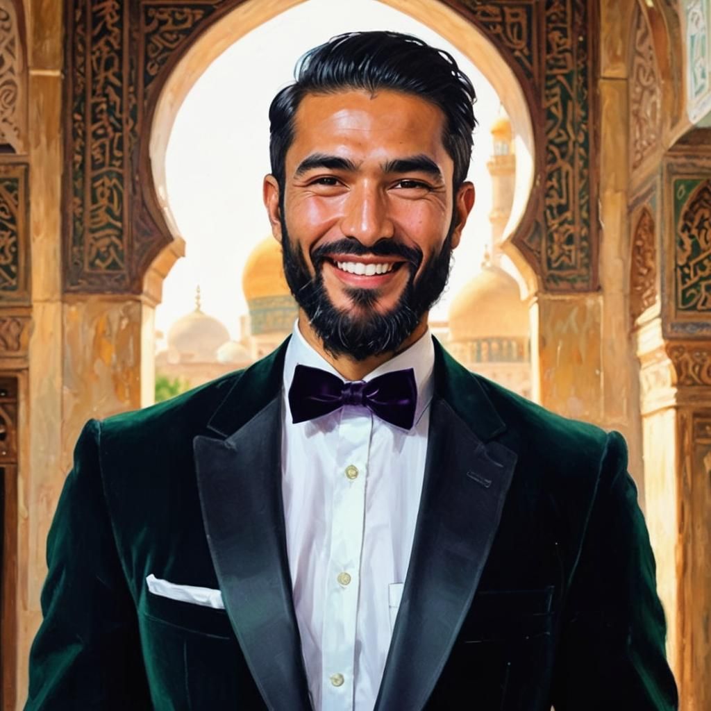Handsome Man in Mosque: Impasto Oil Painting