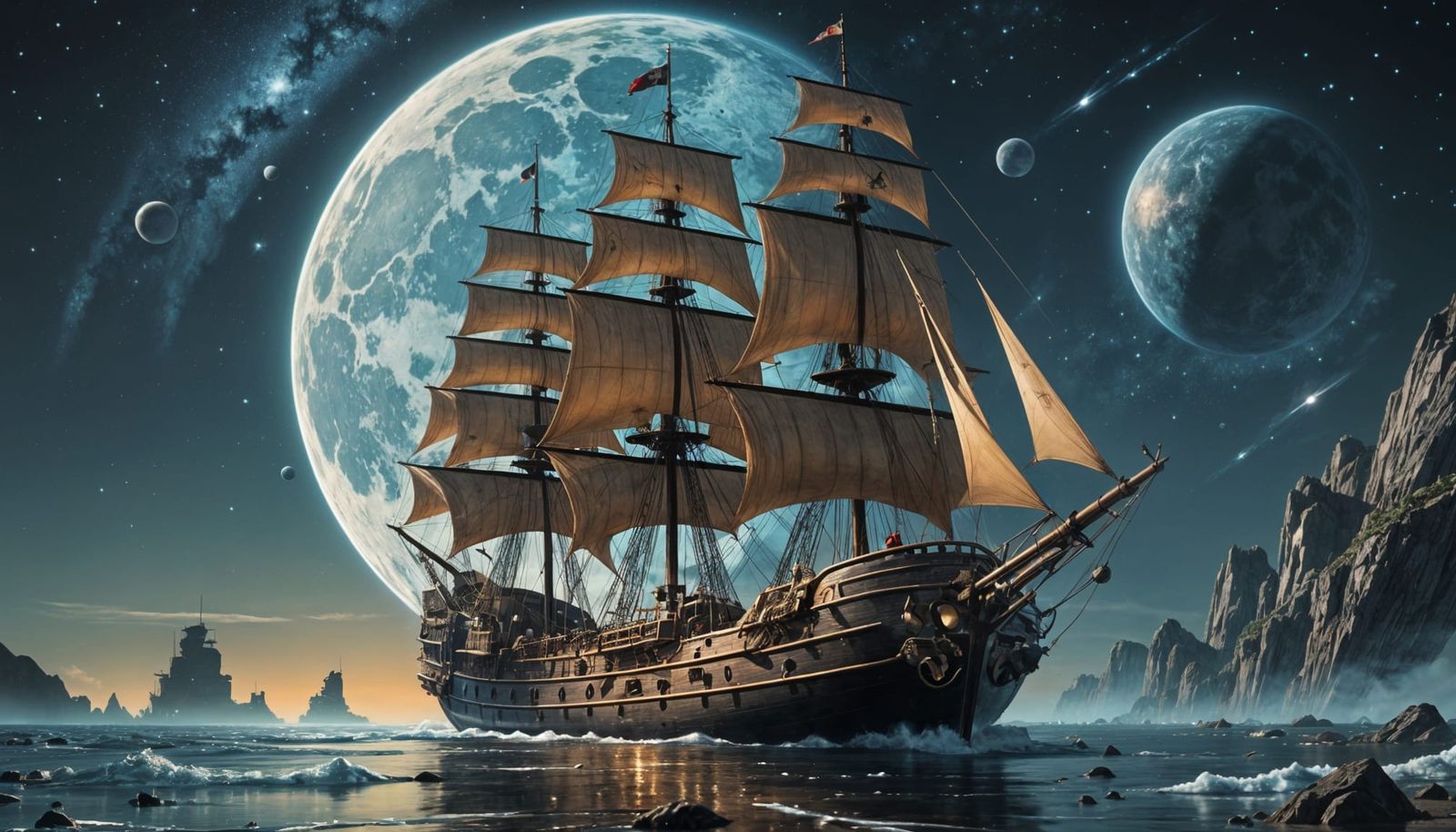Majestic Pirate Ship Sails Amidst Stars in Cosmic Seascape