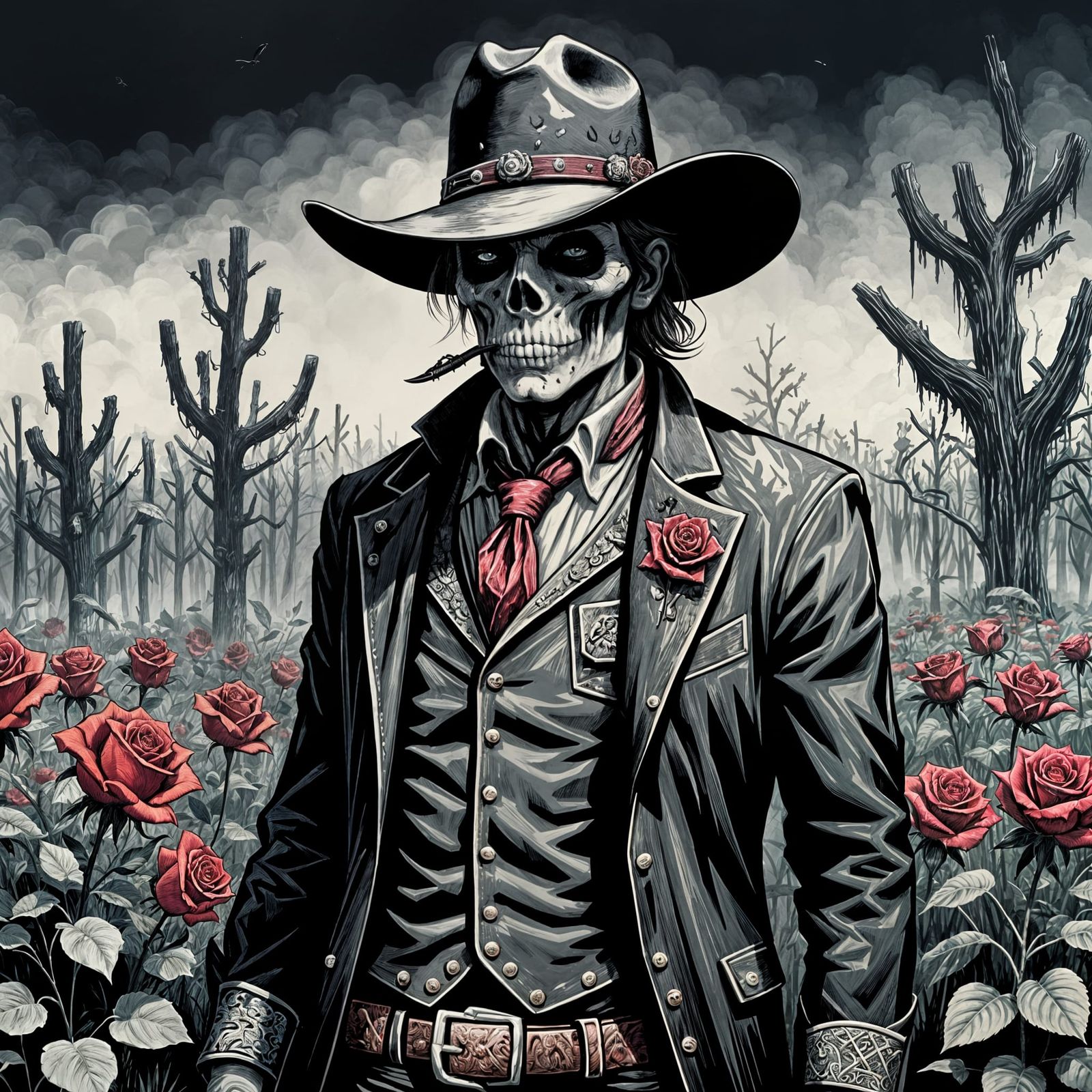 Undead Cowboy, rose from grave , Everglades, Scratchboard Ink,  Smoky sheen, Jane Newland, Jimmy Liao, Emilia Dziubak