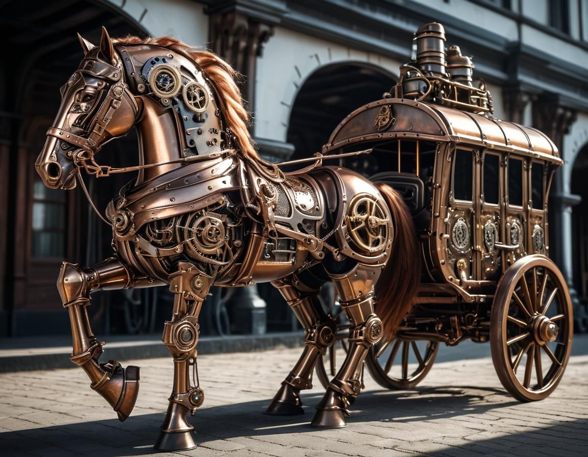 Steampunk Armored Horse and Wagon in Bronze and Steel