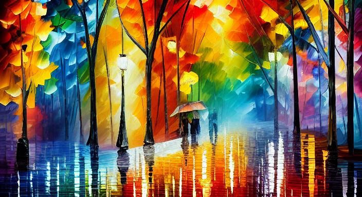 Rainy Autumn Night in Park, in Impasto Style