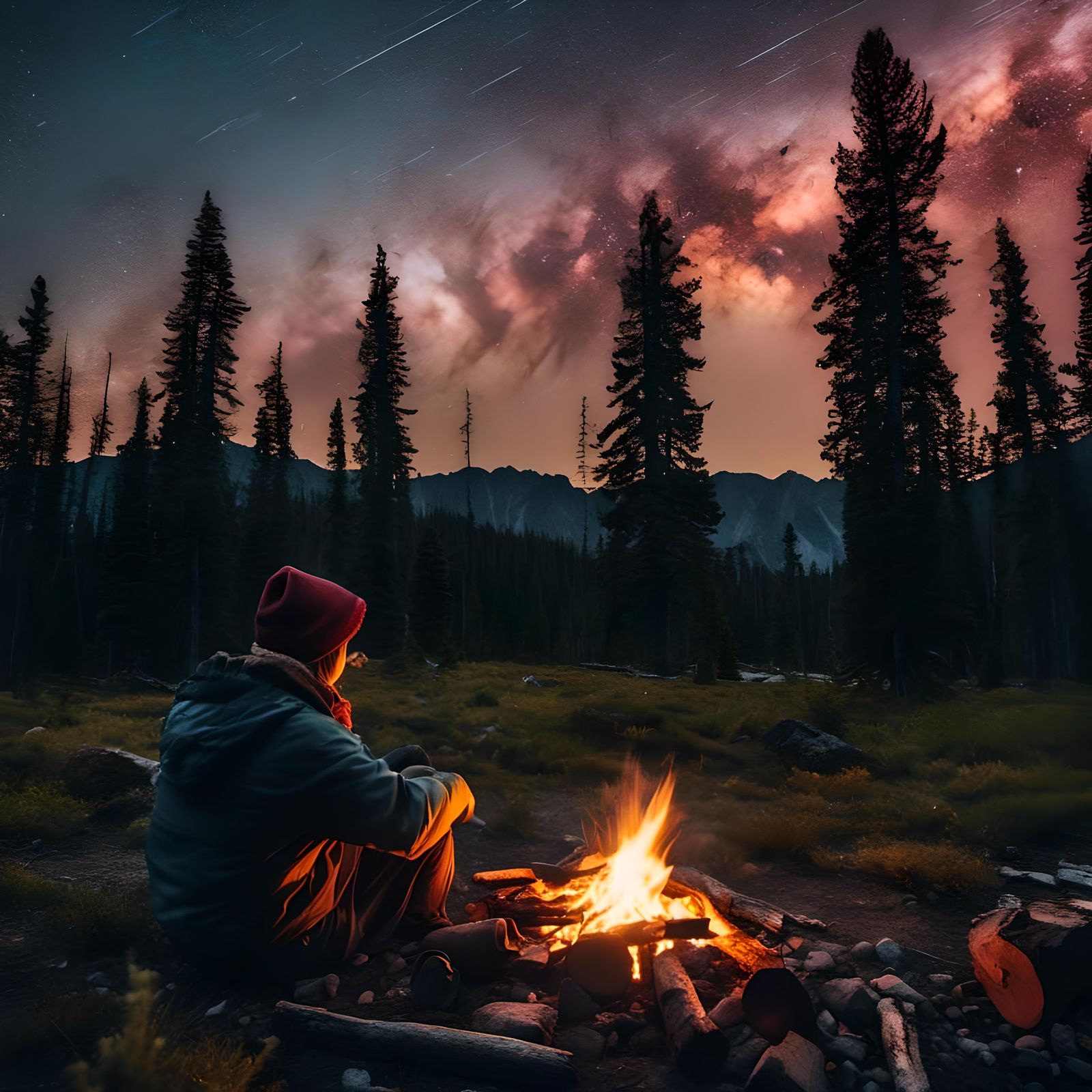 Contemplative Figure by Campfire Under Starry Sky