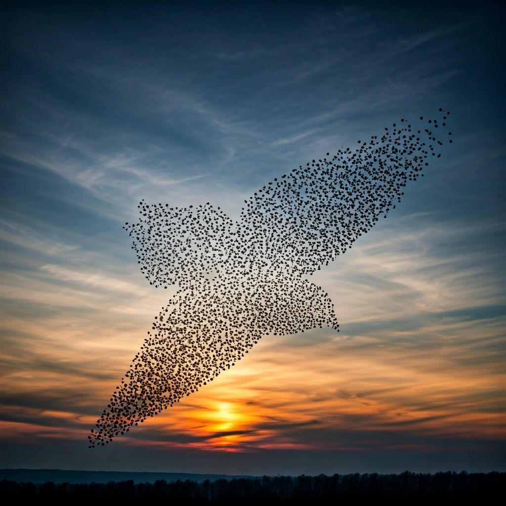 Starlings Form Soaring Hawk in Twilight Sky