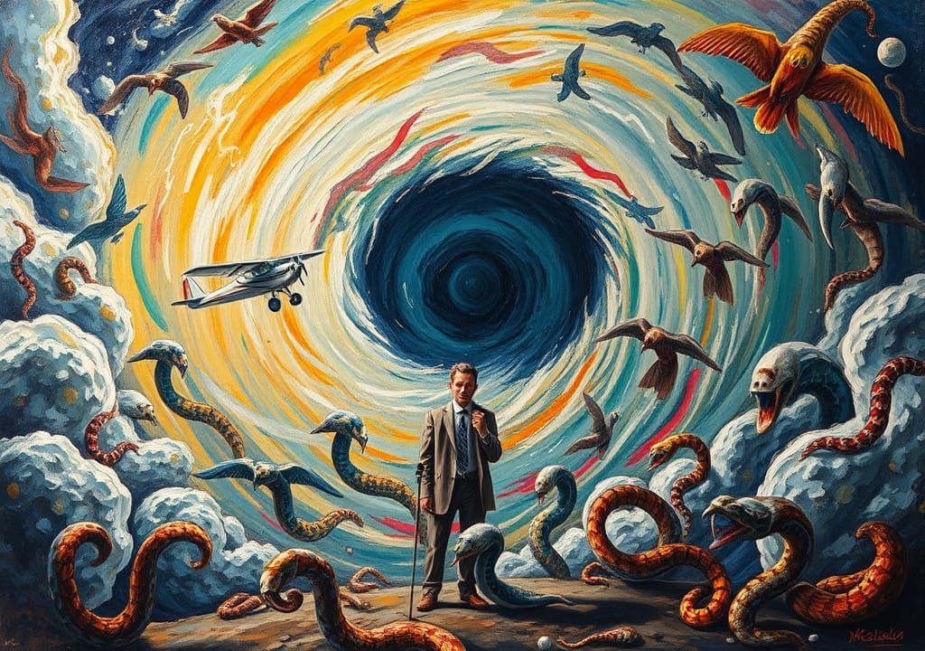 Surreal Hurricane Scene in Gouache Style