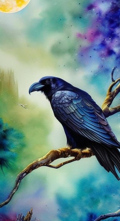 Majestic Raven on Moonlit Branch, Watercolor Painting