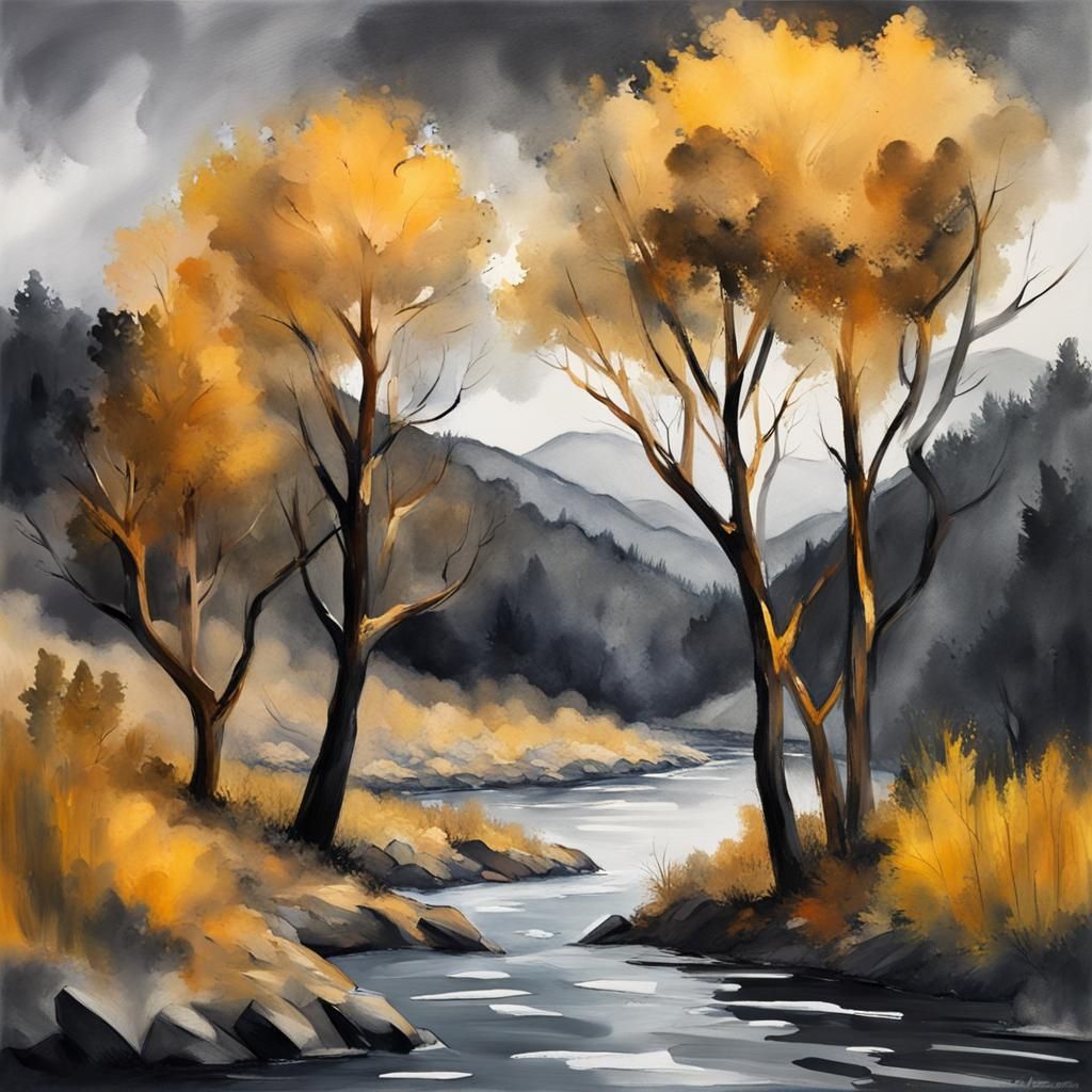 Impressionist Gold Trees Under Dark Sky