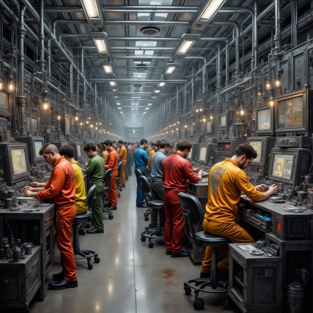 Futuristic Factory with Workers in Latex Clothing