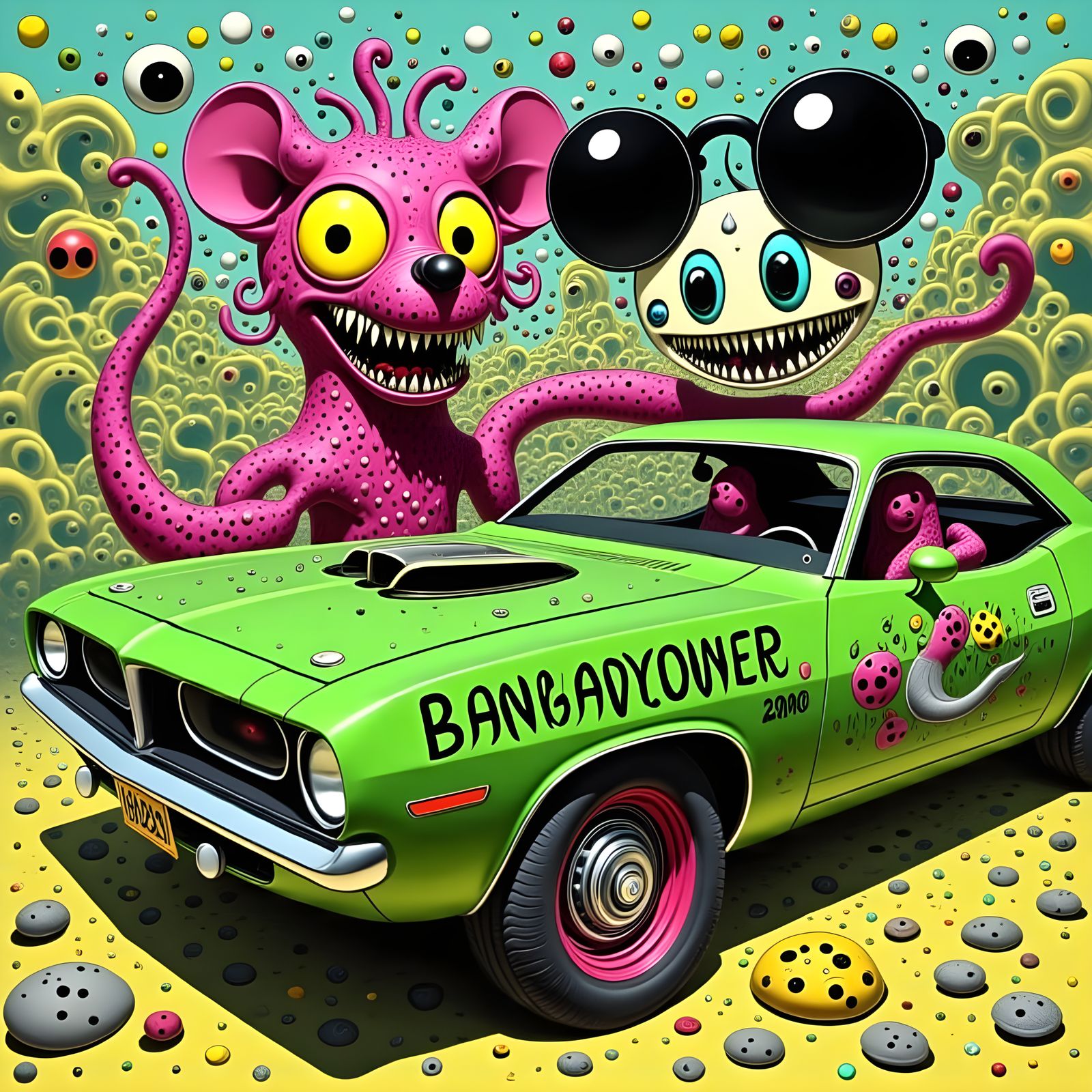 Ratfink Cartoon Driving a 1970 Barracuda